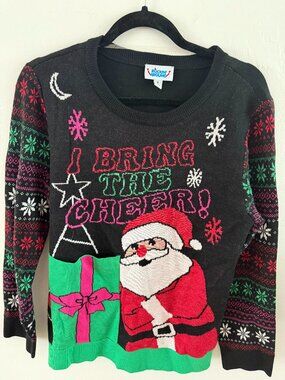 Rockin Around Ugly Christmas Sweater Small Santa I Bring The Cheer Present Knit